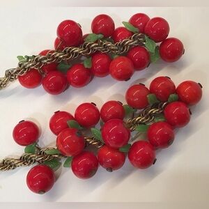 Vintage Goldtone Chunky Lariat Necklace w/Glass Beads and Leaves.  From Estate.